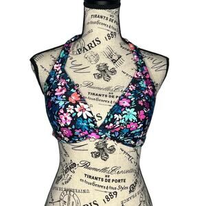 Island Escape (10) Floral V Neck Halter Tie Back Fixed Cups Swim Bikini Top